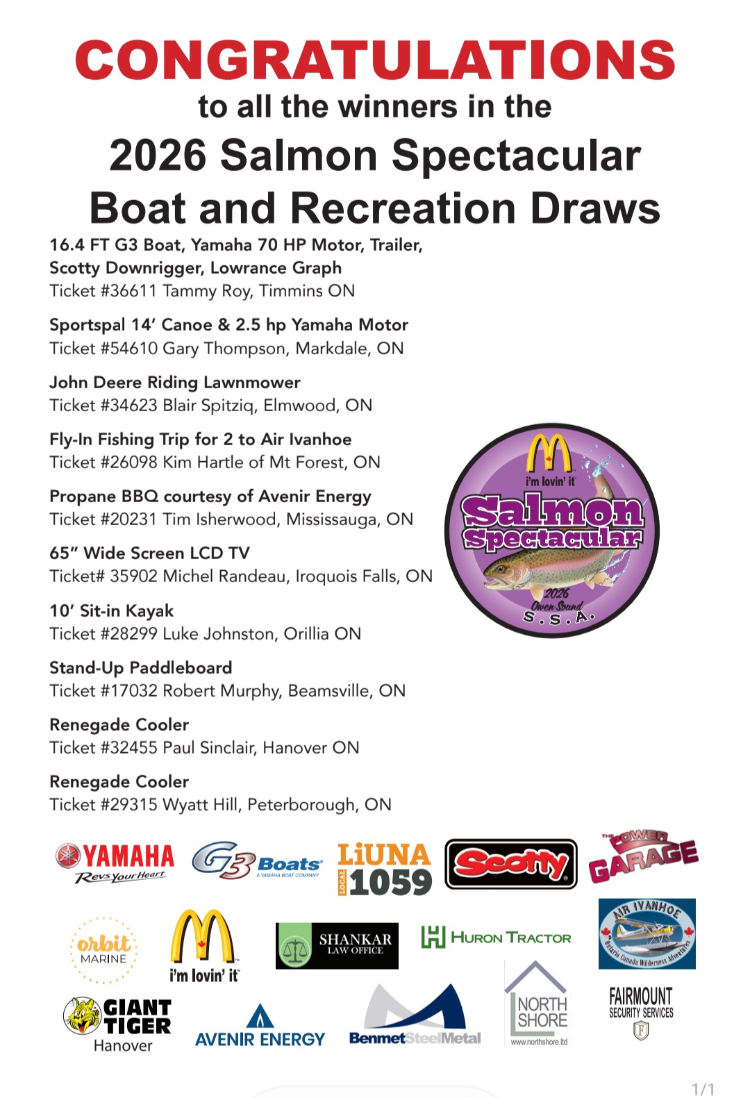 2026 Boat and Recreation Draw Winners